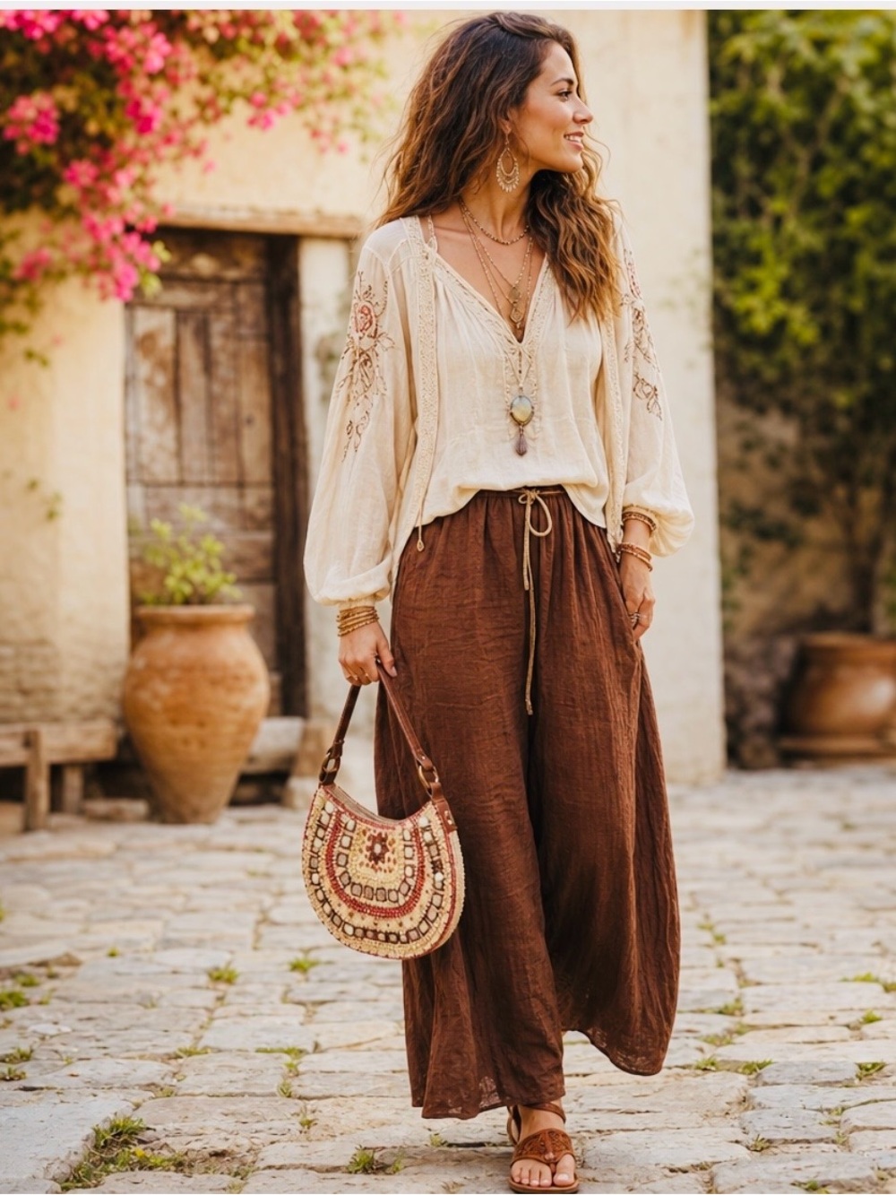 Boho Beaded Crescent Shoulder Bag - Cream & Coral.